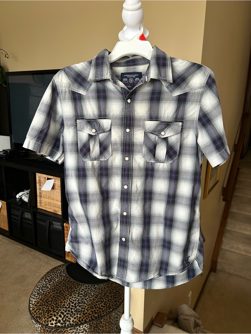 American Eagle Short Sleeve Plaid Shirt - White & Gray with Purple Snap Button